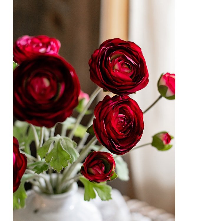 Bouquet de renoncules artificielles en soie synthétique, rouge bordeaux, 53 cm de hauteur