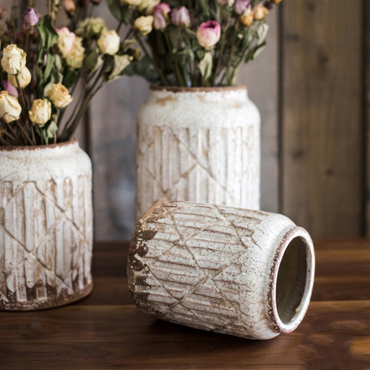 Vase pot à fleurs en céramique blanche effet vieilli