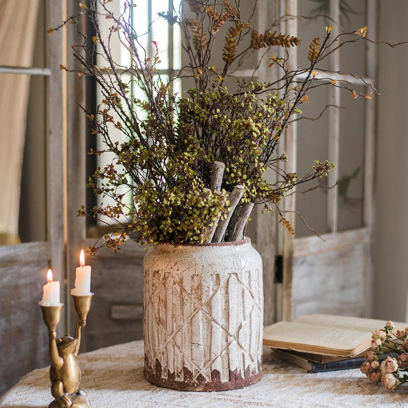 Vase pot à fleurs en céramique blanche effet vieilli