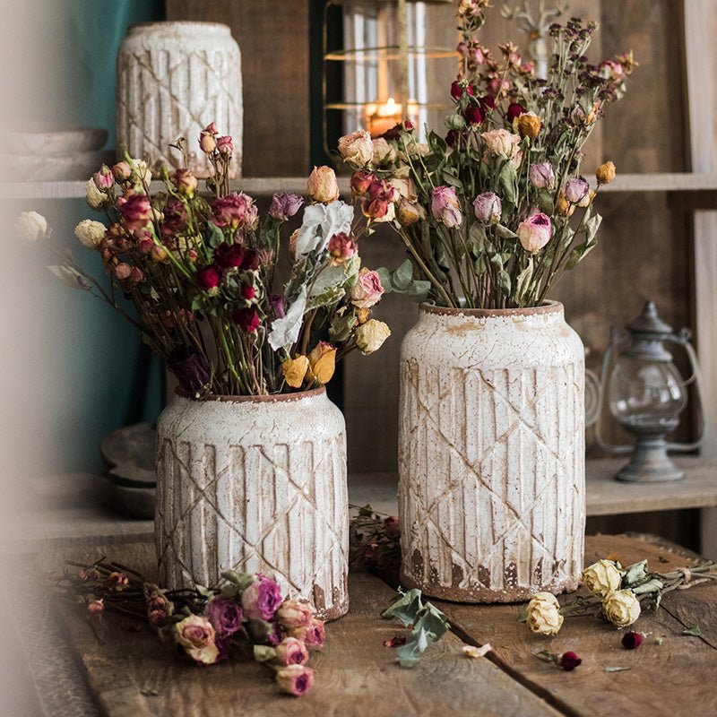 Vase pot à fleurs en céramique blanche effet vieilli