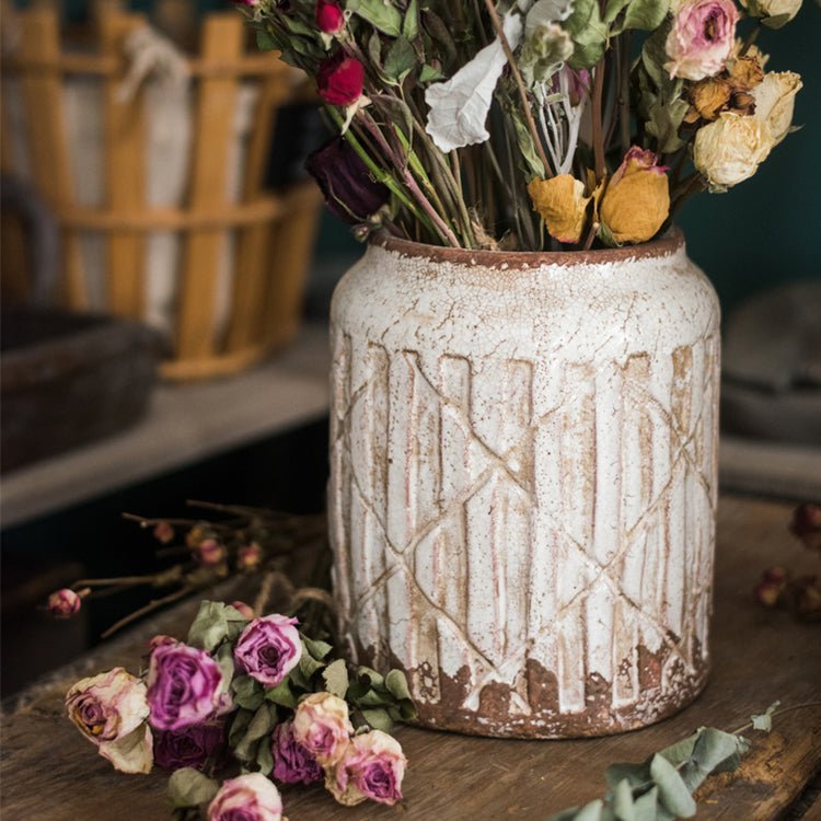 Vase pot à fleurs en céramique blanche effet vieilli