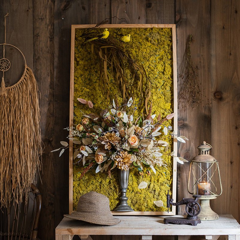 Arte da parete incorniciata in 3D con fiori artificiali in vaso grande a forma di uccello dorato