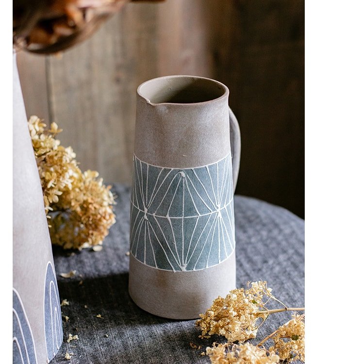 Vaso da tavolo in terracotta dipinto a mano grigio blu