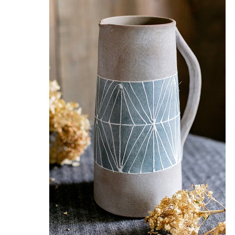 Vaso da tavolo in terracotta dipinto a mano grigio blu