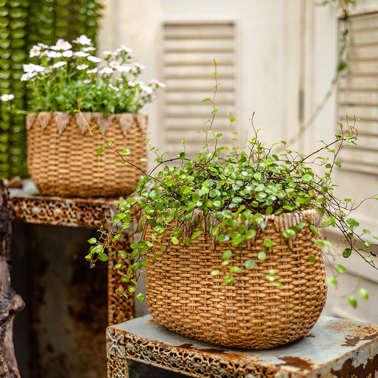 Jardinière en ciment aspect panier en paille pour femme