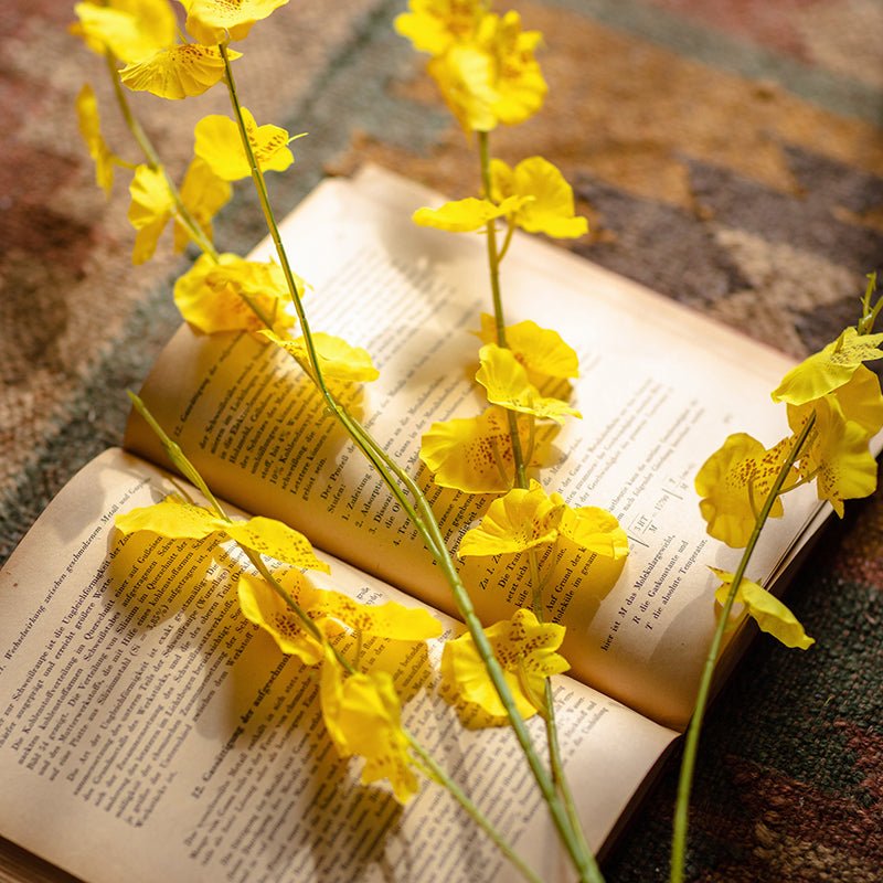 Bouquet de tiges d'orchidées oncidium artificielles en fausse soie jaune, 48 cm de hauteur