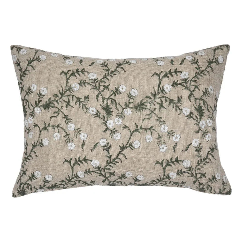 Housse de coussin décoratif à motif floral en lin Jameera, olive sur naturel