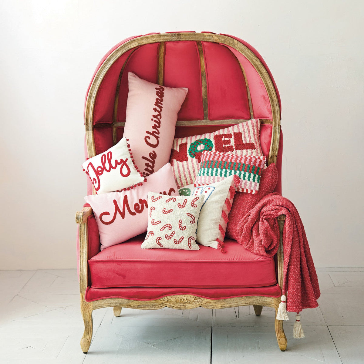 12" White & Red Cotton Slub Pillow with Tufted "Jolly" & Pom Pom Trim
