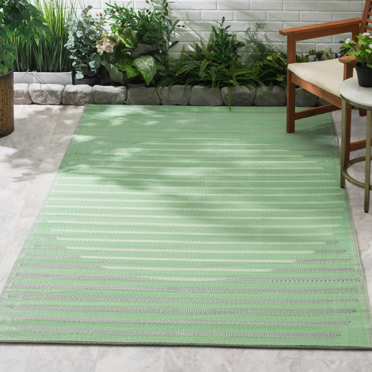Kyoto - Green Striped Outdoor Rug for Patio