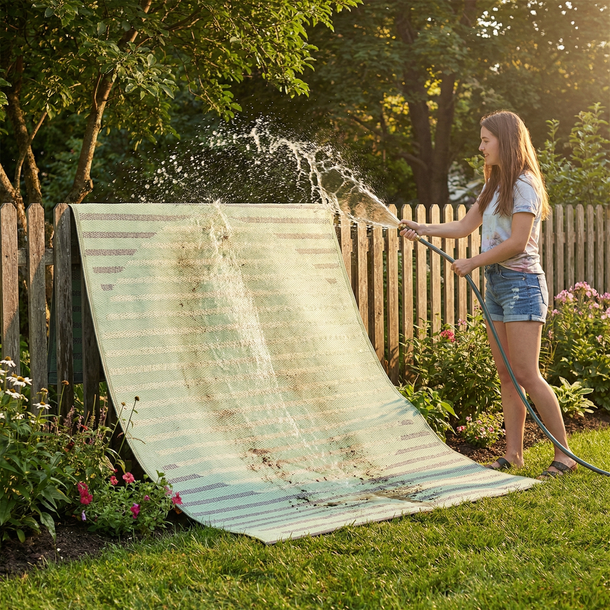Kyoto - Green Striped Outdoor Rug for Patio