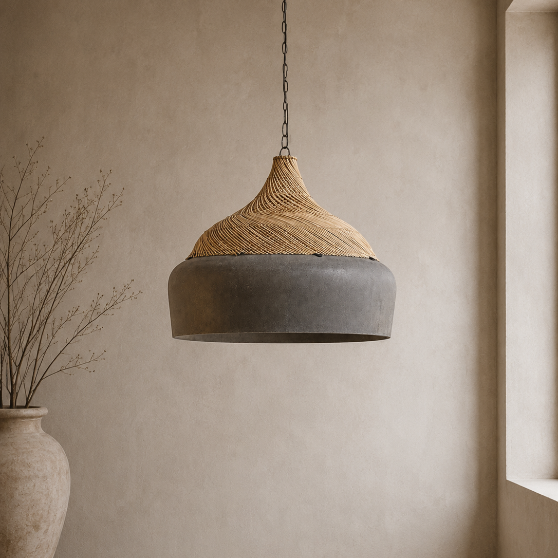 Lampe Bent | Suspension design en fibres de ciment et rotin