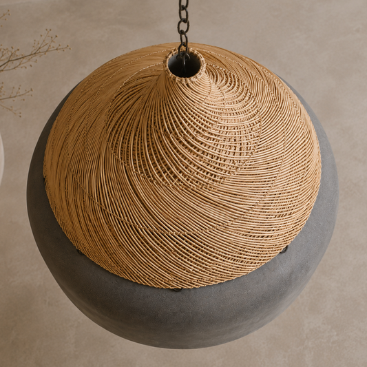 Bent Lamp | Cement Fiber & Rattan Designer Pendant Light