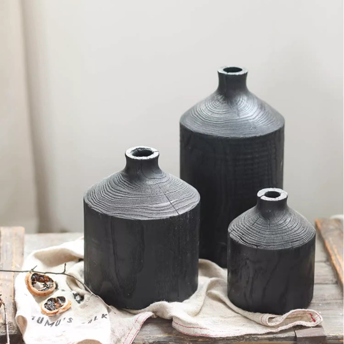Vase en bois noir, bouteille décorative à col étroit