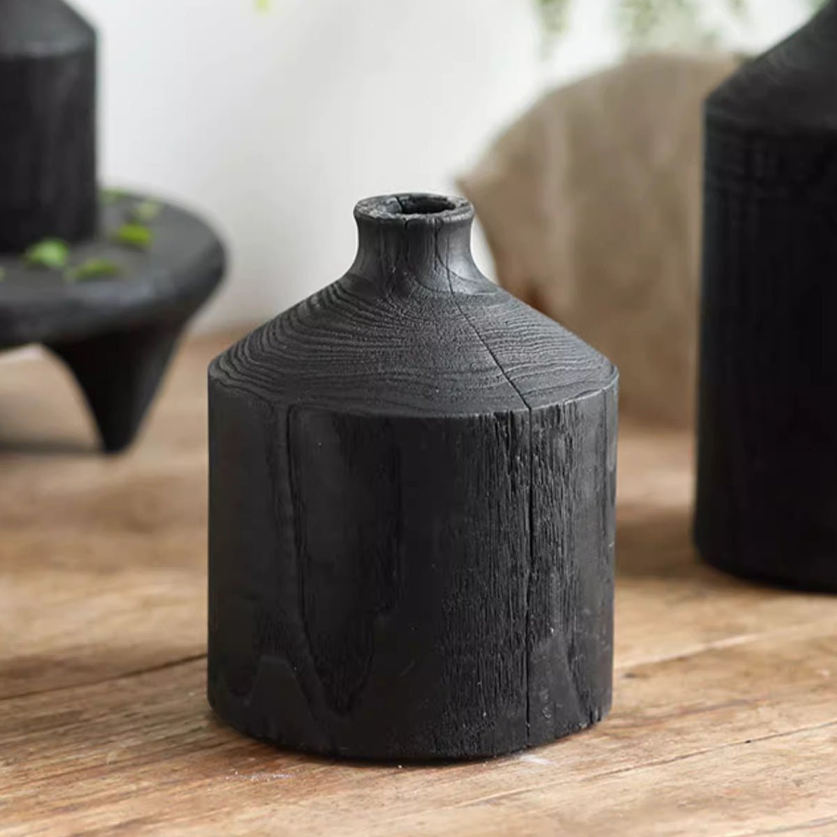 Vase en bois noir, bouteille décorative à col étroit