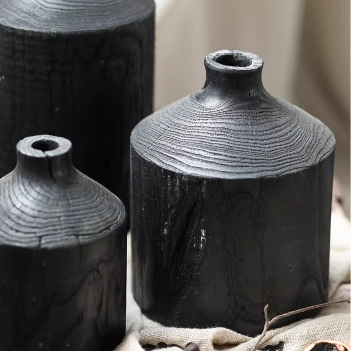 Vase en bois noir, bouteille décorative à col étroit