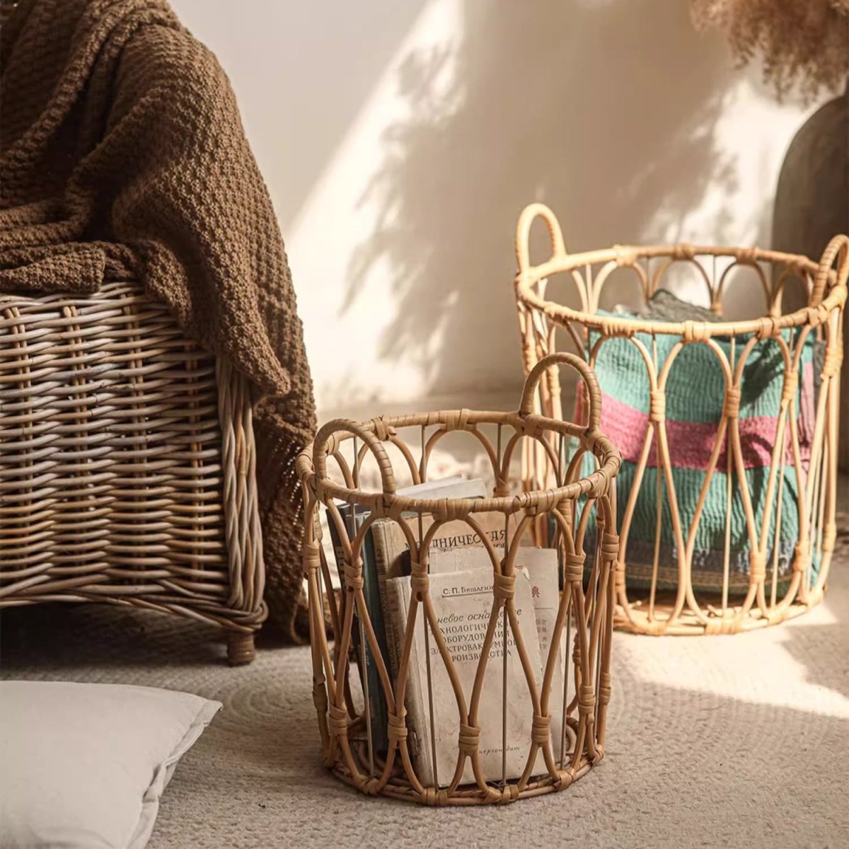 Panier en rotin à tissage ouvert style bohème