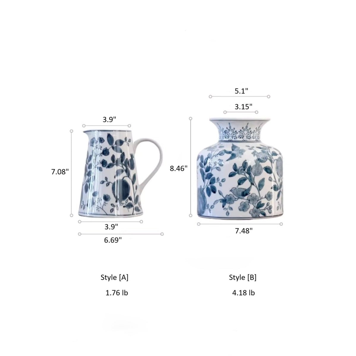 Vaso in porcellana dipinto a mano bianco e blu con melograno