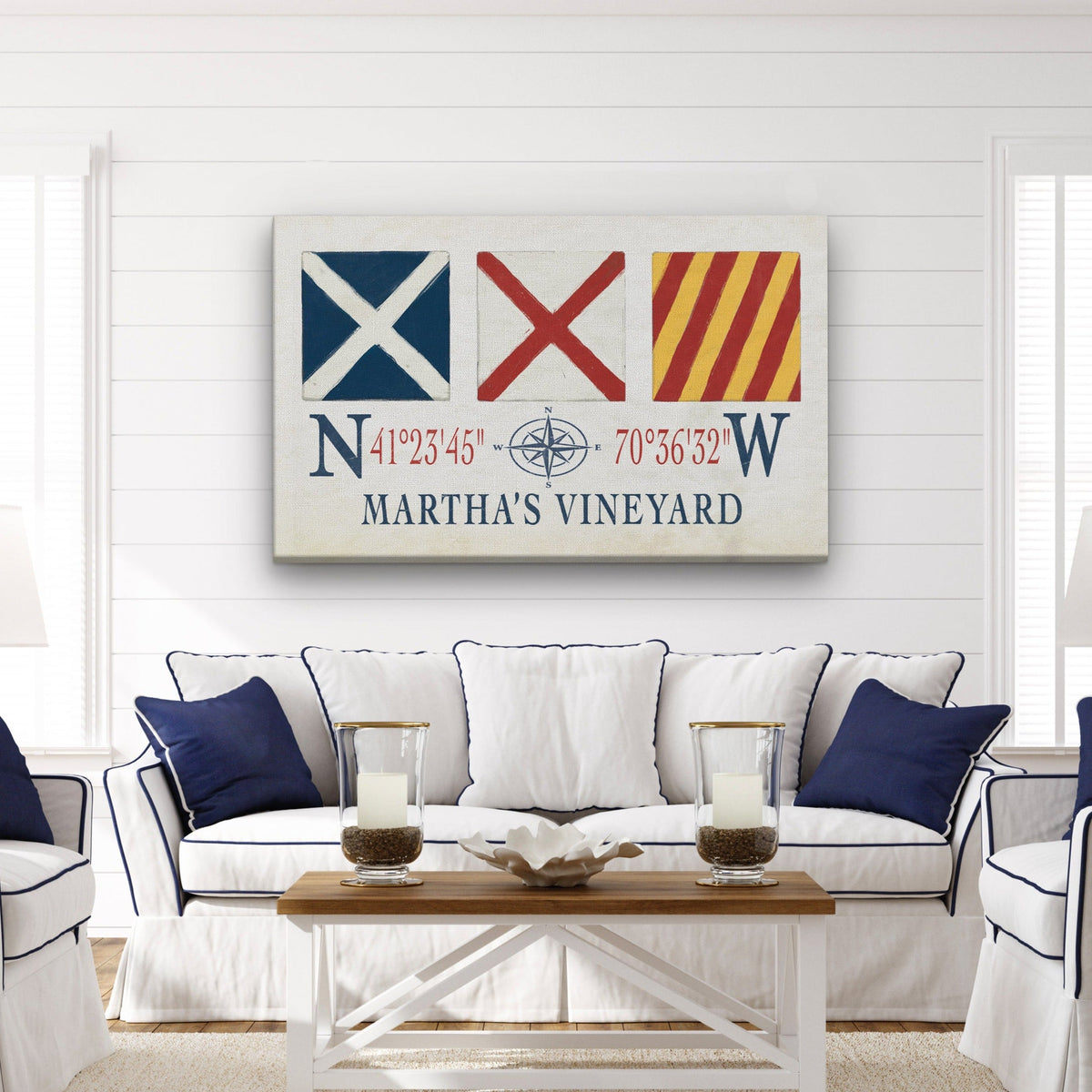 Impression sur toile Martha's Vineyard - Drapeaux de signalisation maritime et coordonnées