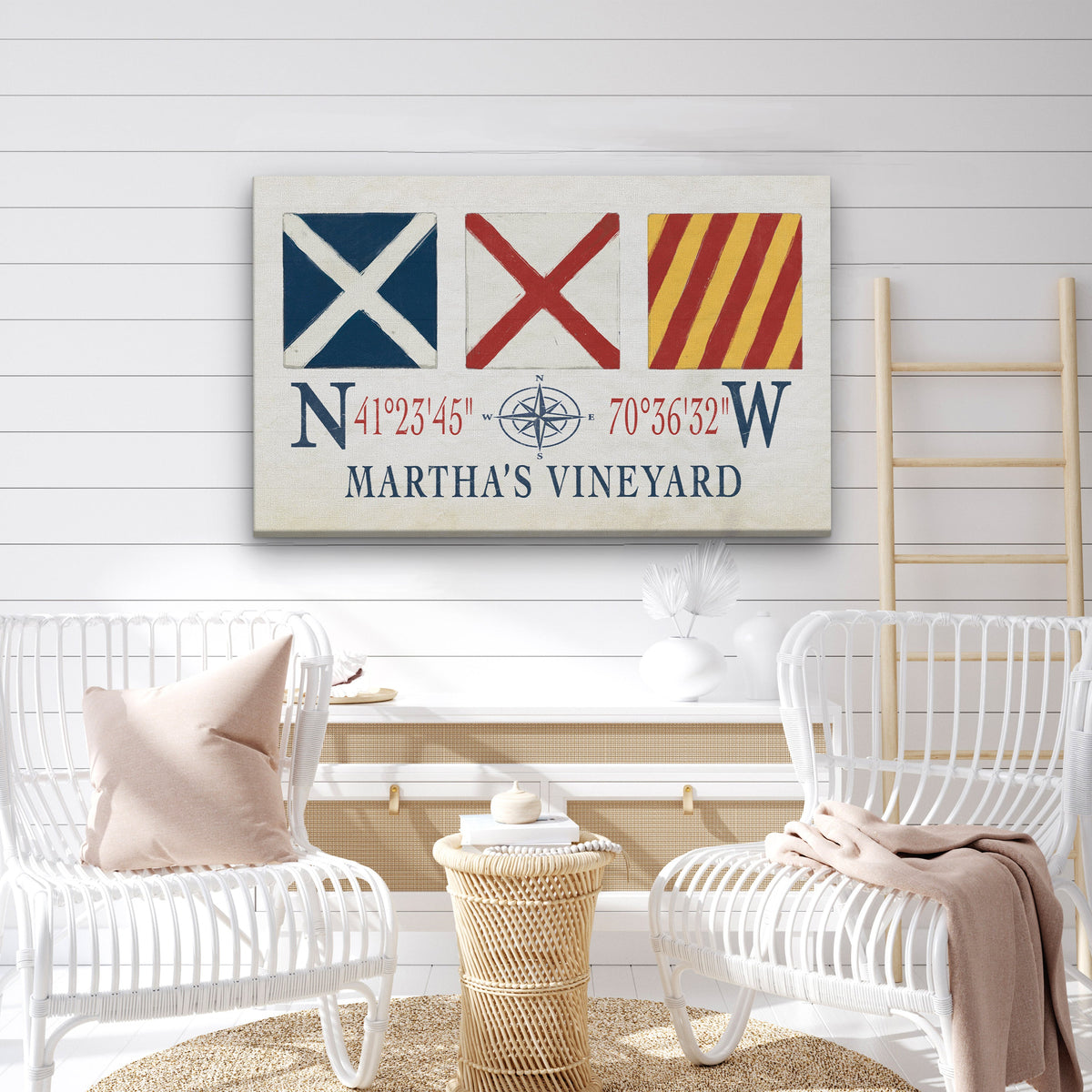 Impression sur toile Martha's Vineyard - Drapeaux de signalisation maritime et coordonnées