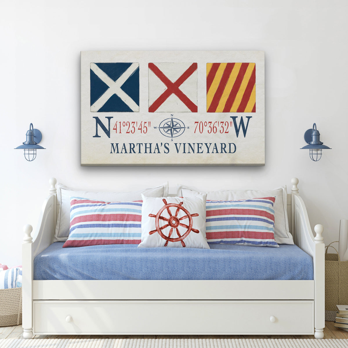 Impression sur toile Martha's Vineyard - Drapeaux de signalisation maritime et coordonnées