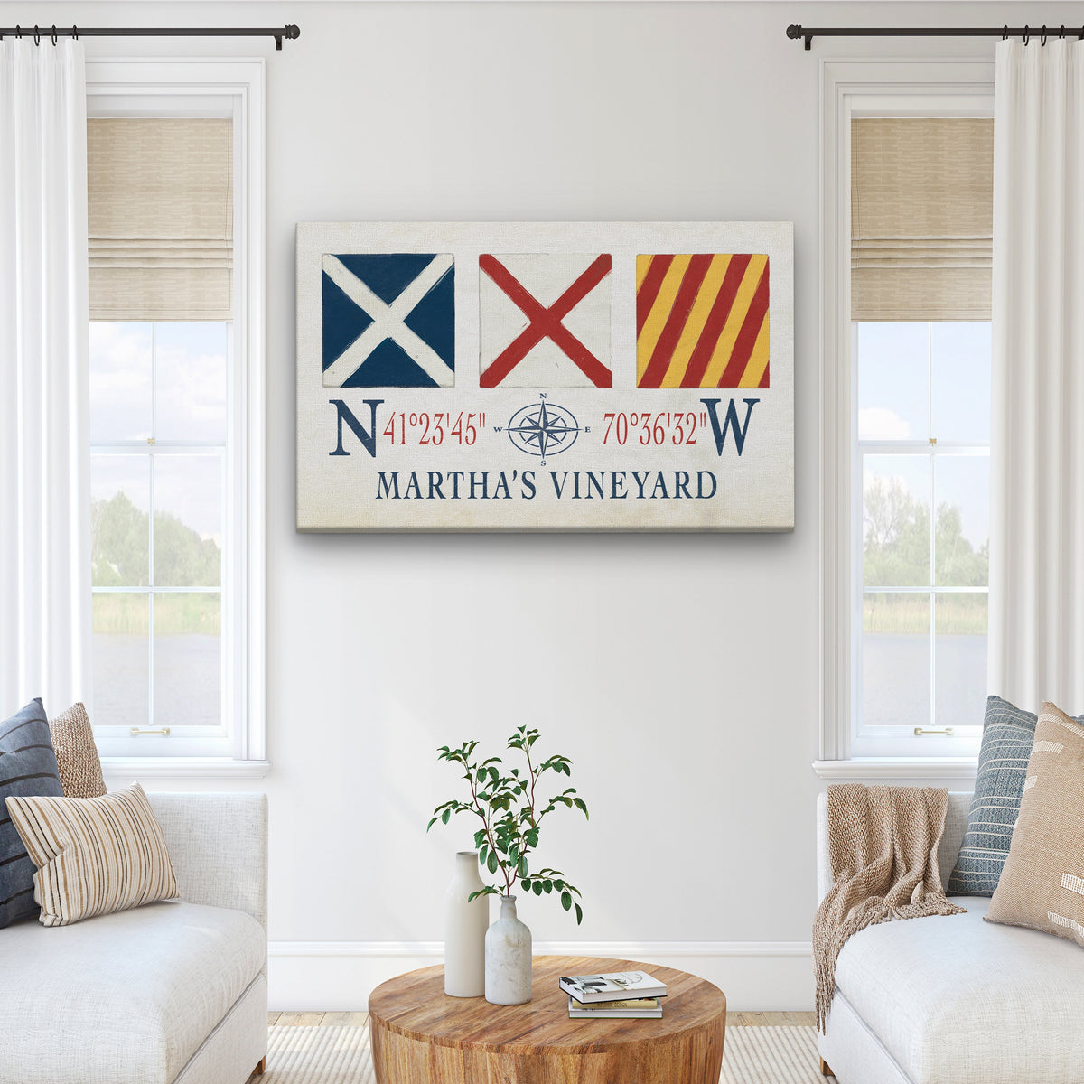 Impression sur toile Martha's Vineyard - Drapeaux de signalisation maritime et coordonnées