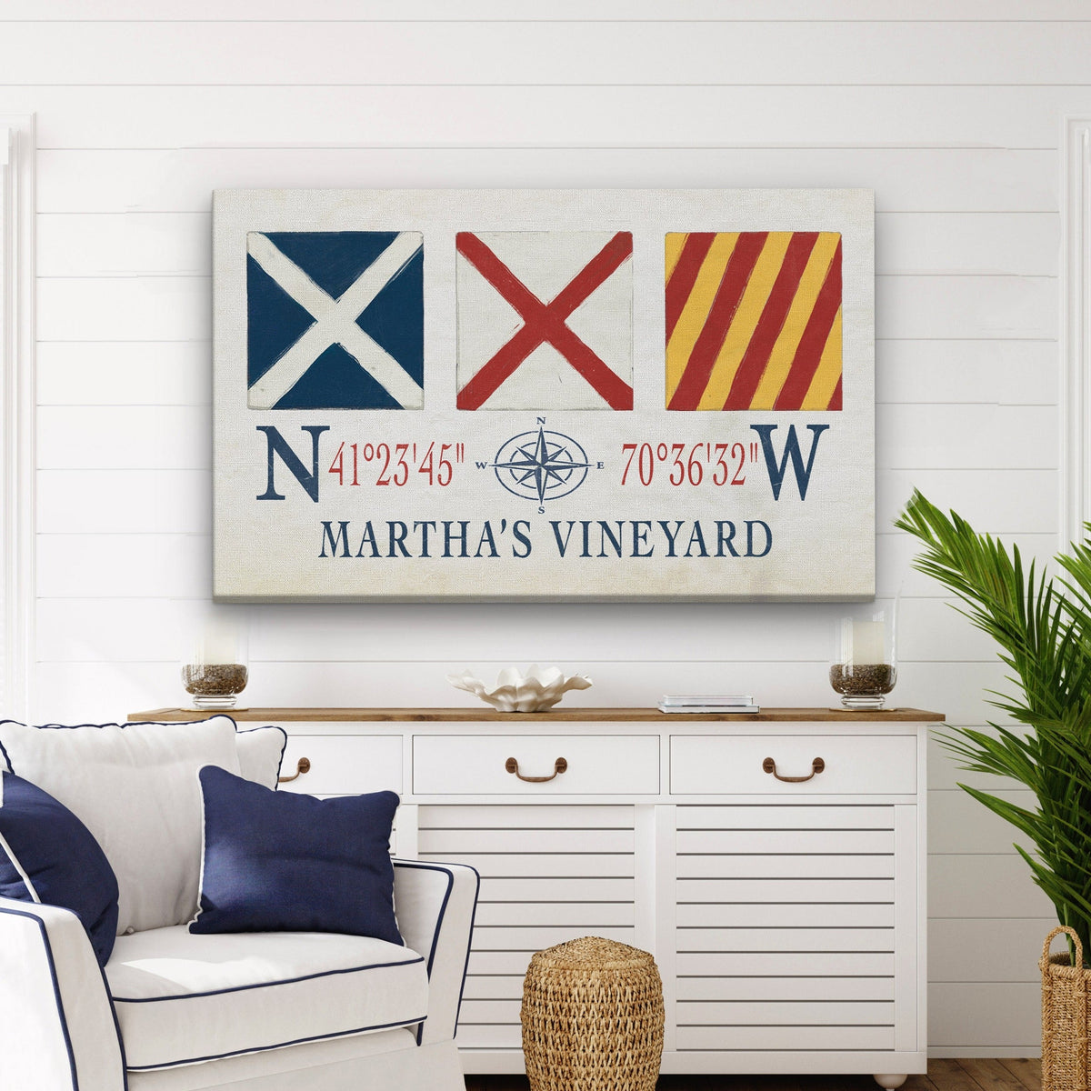 Impression sur toile Martha's Vineyard - Drapeaux de signalisation maritime et coordonnées