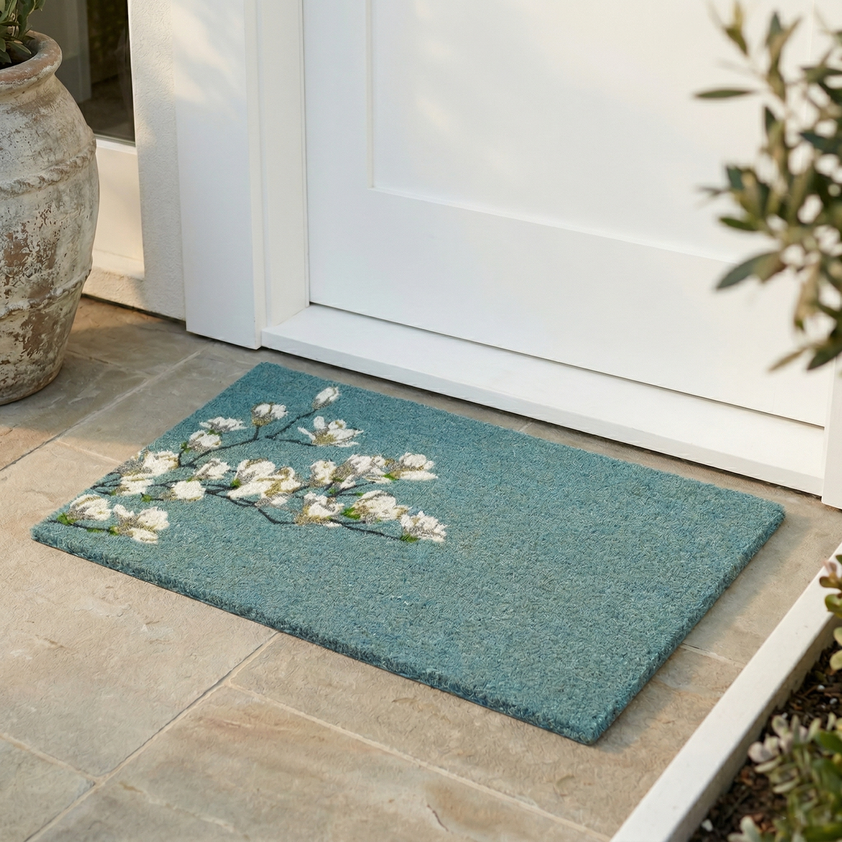 Paillasson en fibre de coco bleue - Branche de magnolia