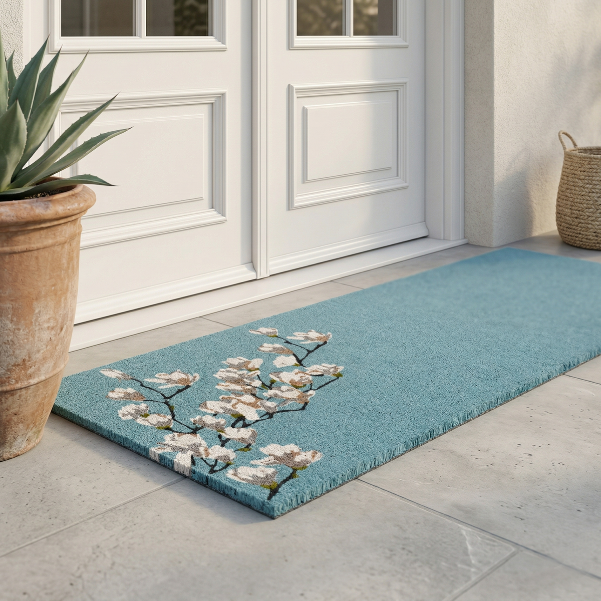 Paillasson en fibre de coco bleue - Branche de magnolia