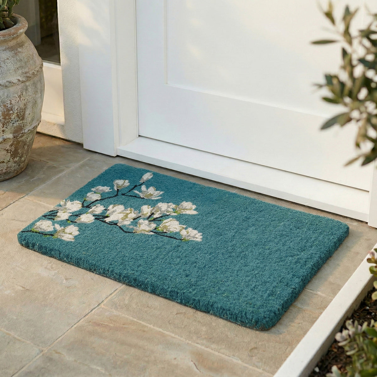 Paillasson en fibre de coco bleue - Branche de magnolia