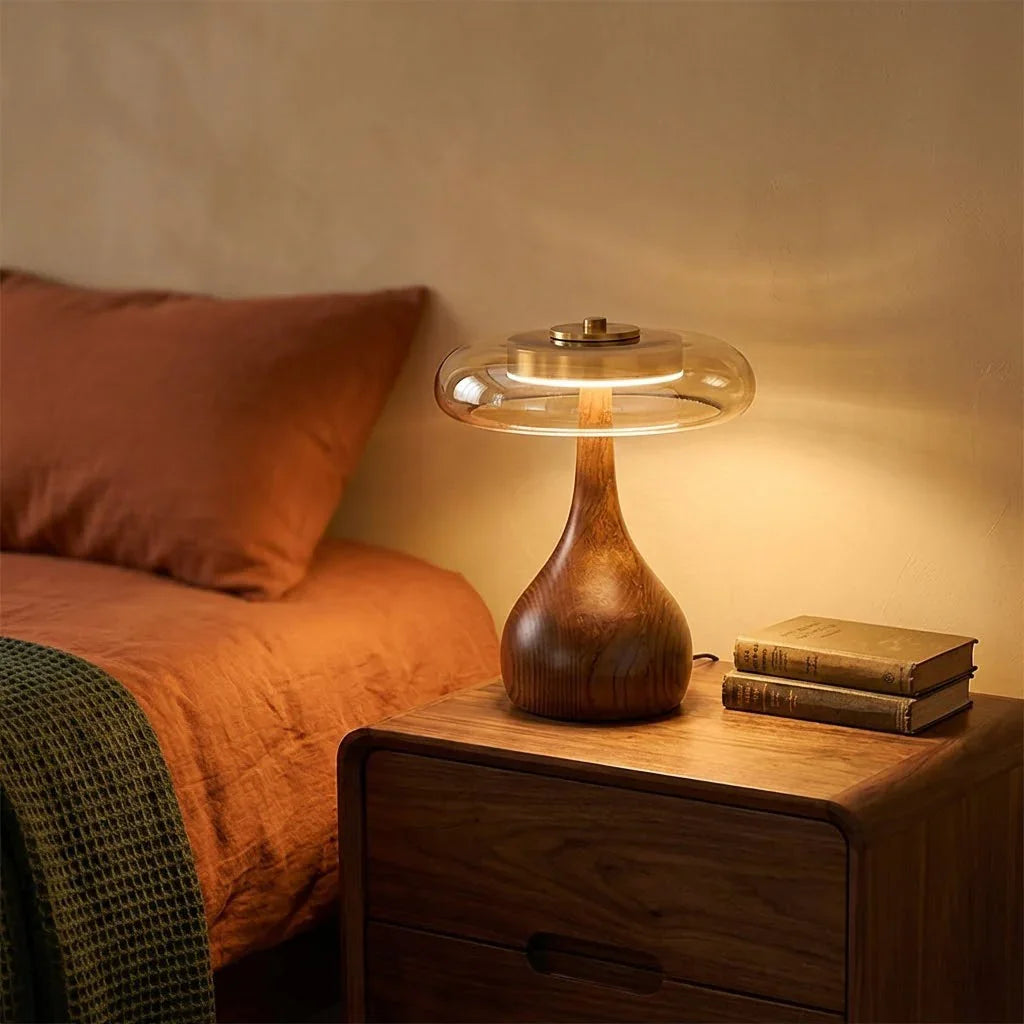 Mid-Century Wood & Glass Disc Table Lamp