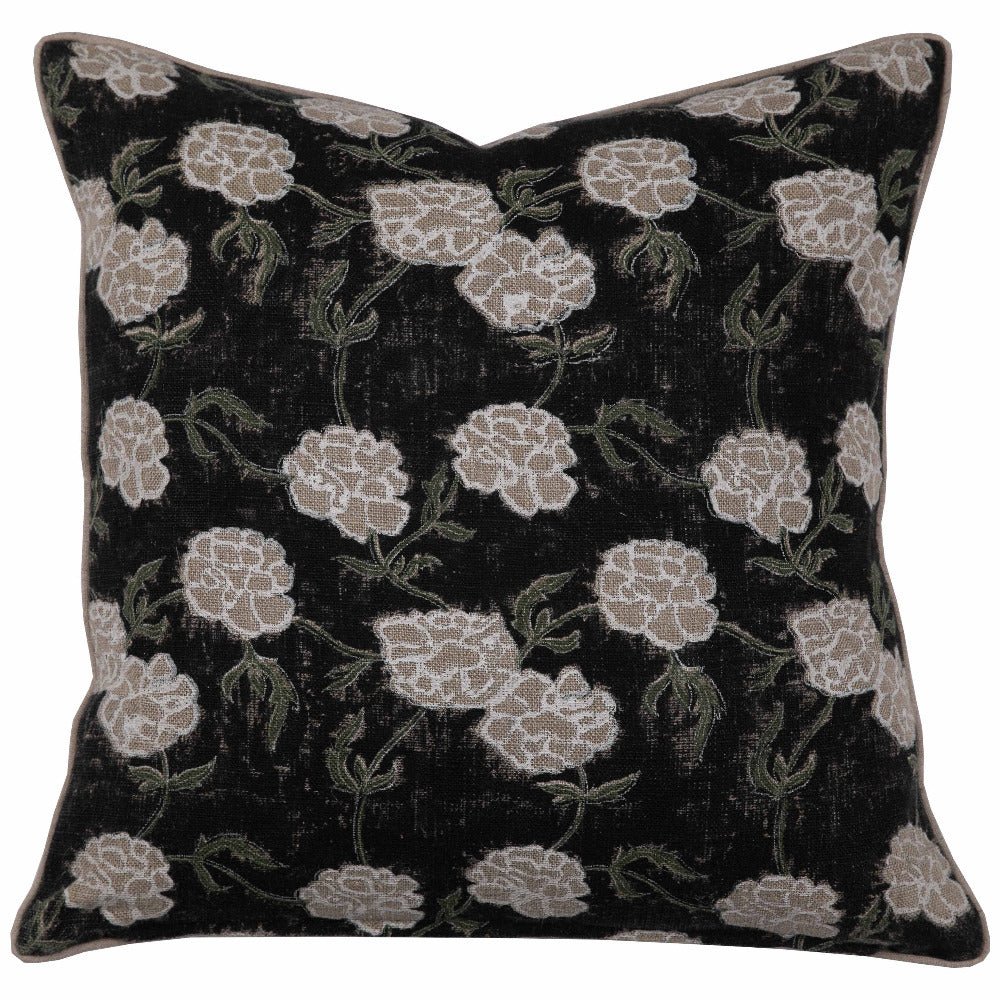 Housse de coussin décoratif en lin à motifs floraux Maria, Noir