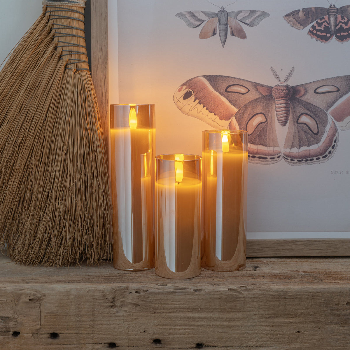 Set di 3 candele LED senza fiamma in vetro ambrato | Telecomando e timer inclusi per un'atmosfera perfetta