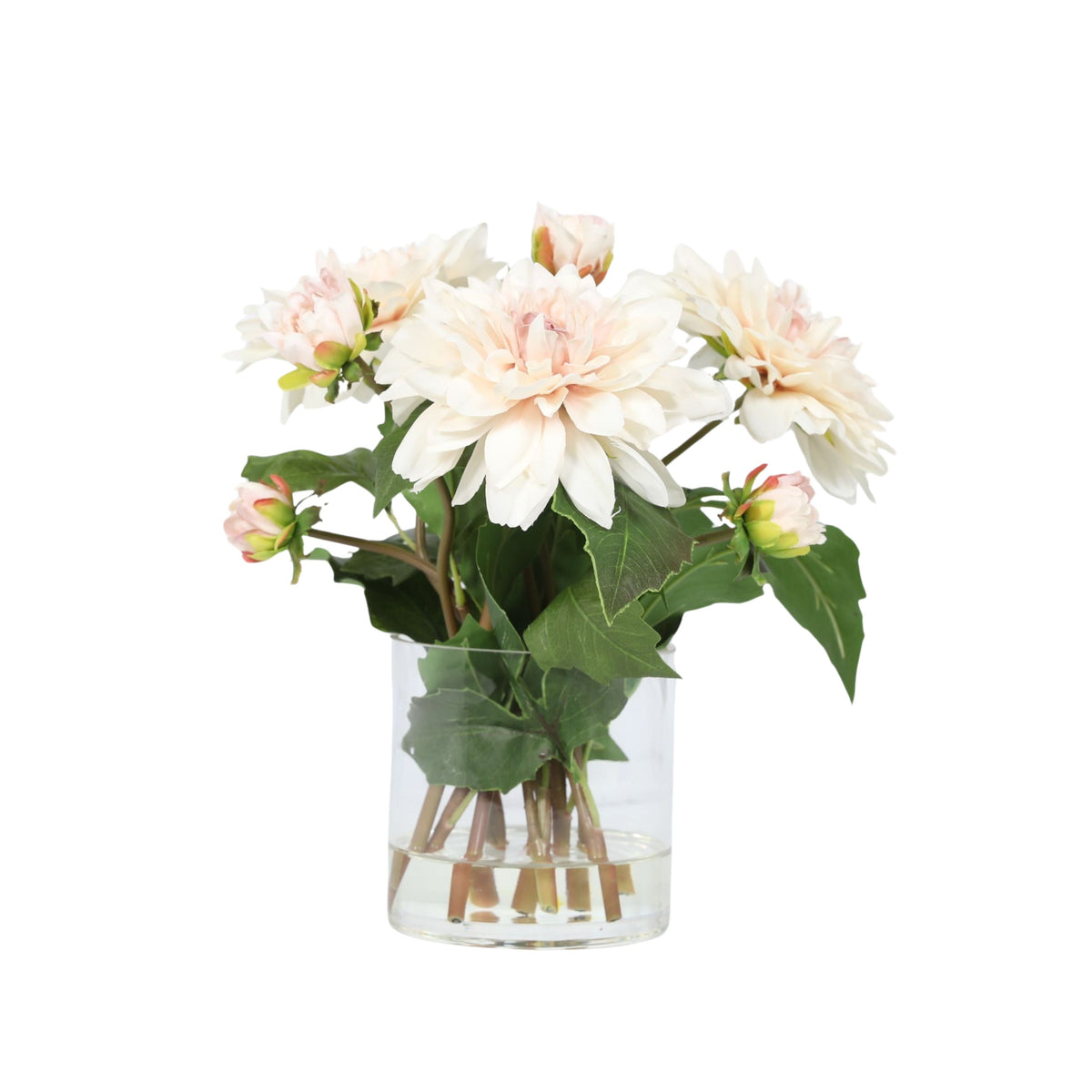 Composition florale de dahlias artificiels dans un vase en verre - 25 cm