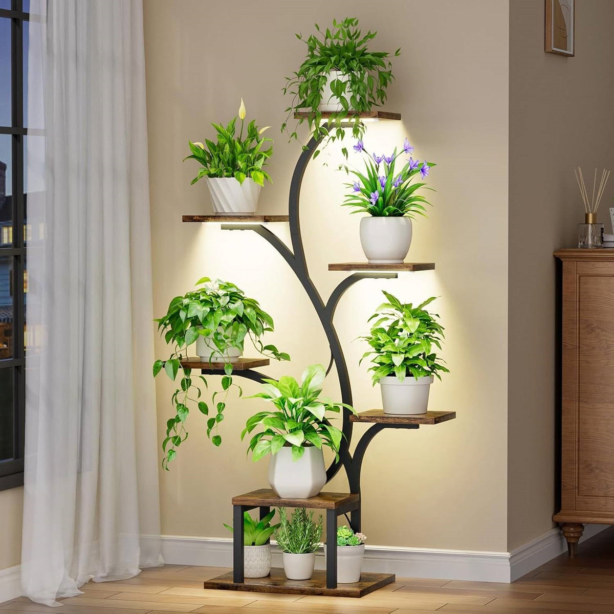 Support pour plantes d'intérieur moderne de 124 cm de haut avec lampes de culture