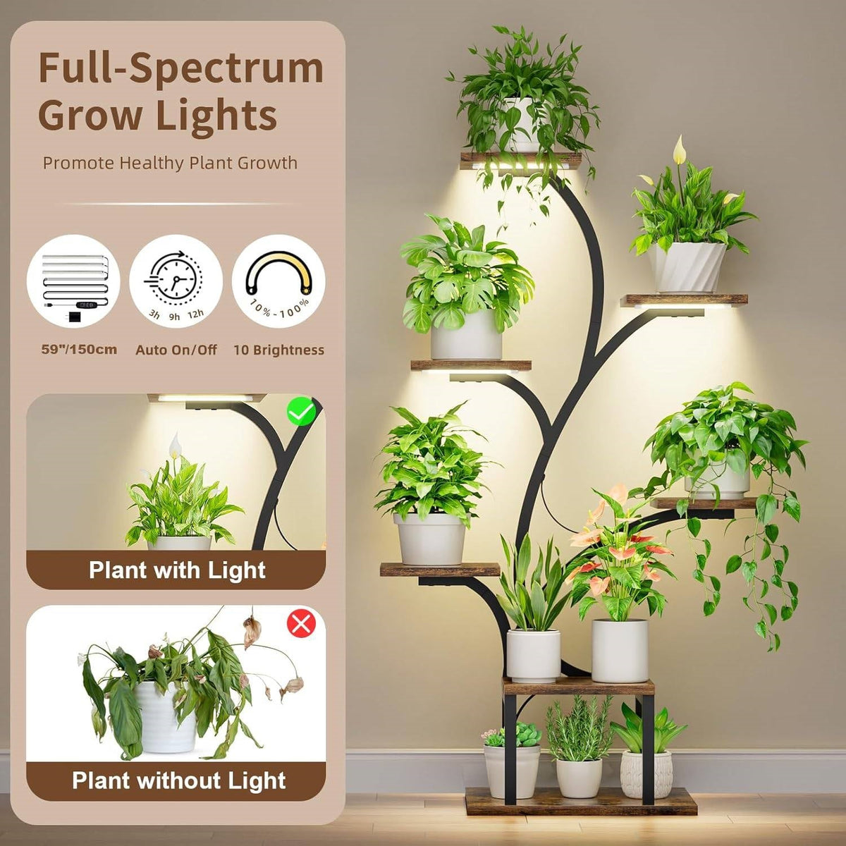 Support pour plantes d'intérieur moderne de 124 cm de haut avec lampes de culture