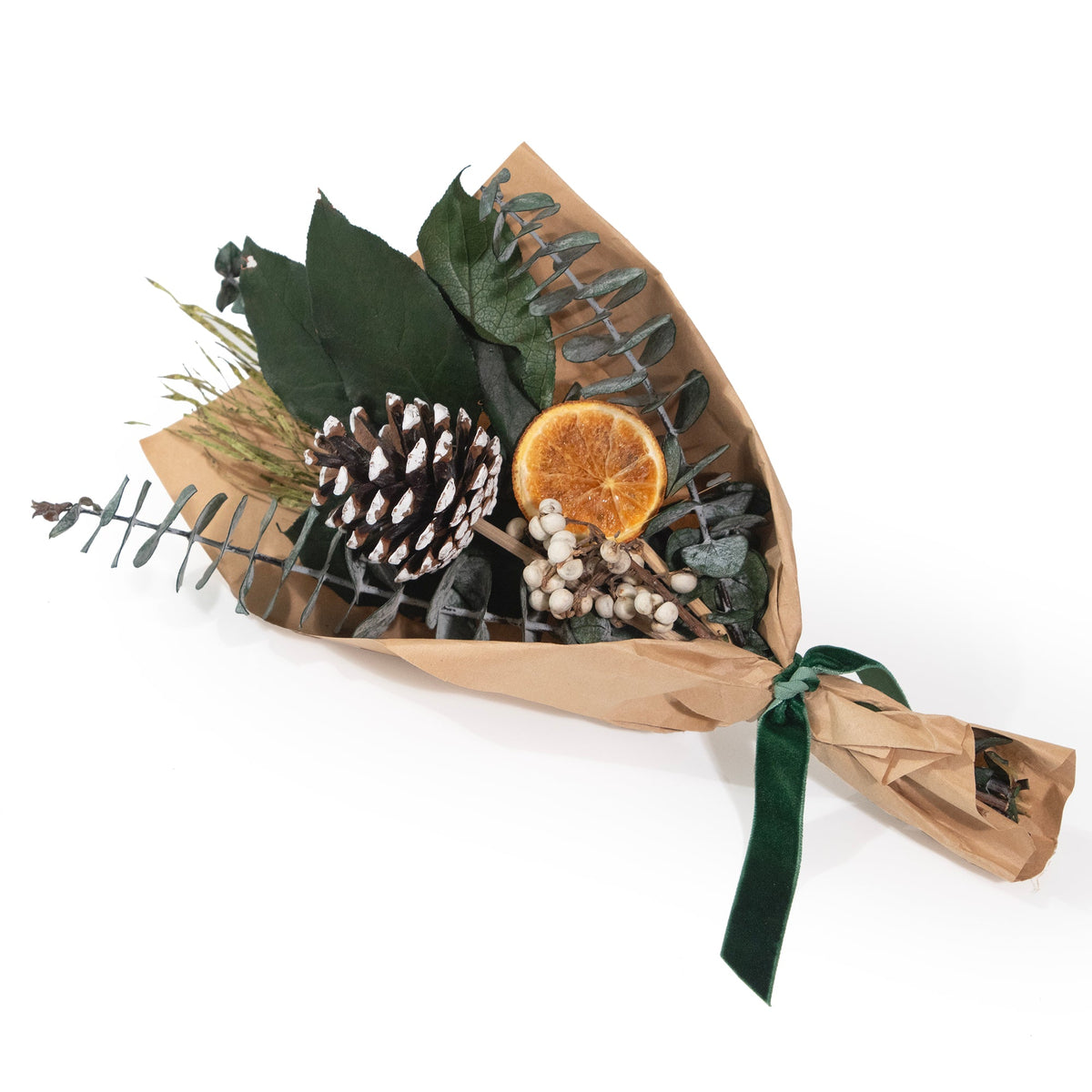 Bouquet d'hiver "Petite" 30 cm : Tranche d'orange et eucalyptus baby