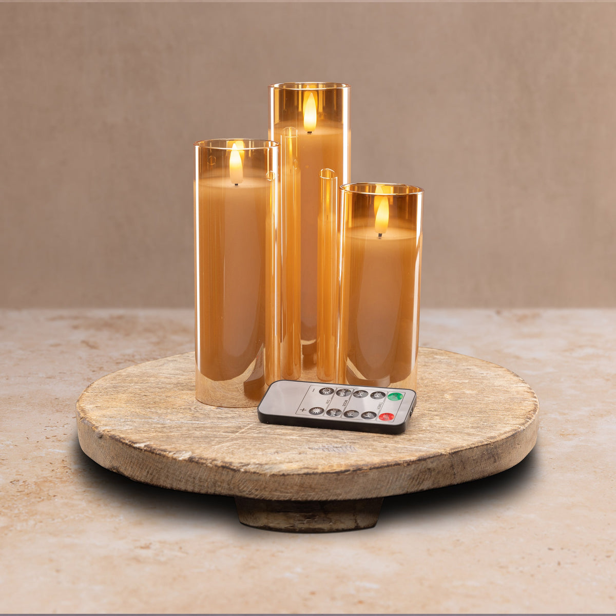 Set di 3 candele LED senza fiamma in vetro ambrato | Telecomando e timer inclusi per un'atmosfera perfetta