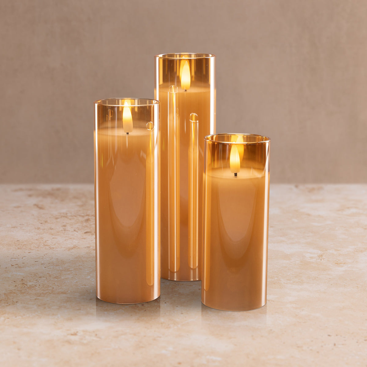 Set di 3 candele LED senza fiamma in vetro ambrato | Telecomando e timer inclusi per un'atmosfera perfetta