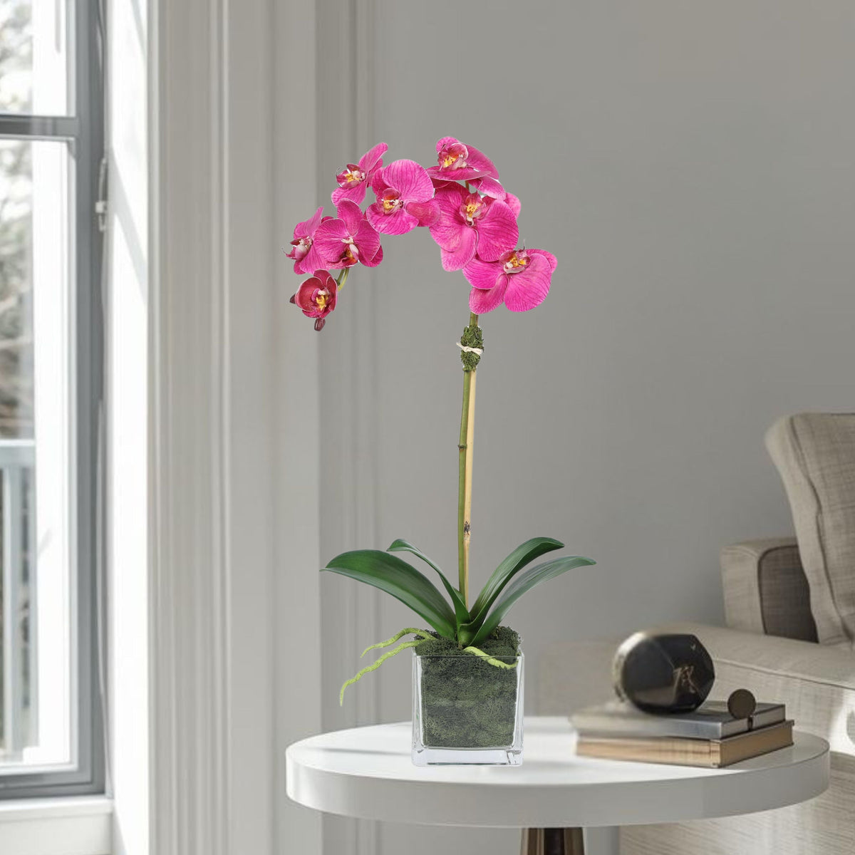Orchidée artificielle dans vase carré - 50 cm