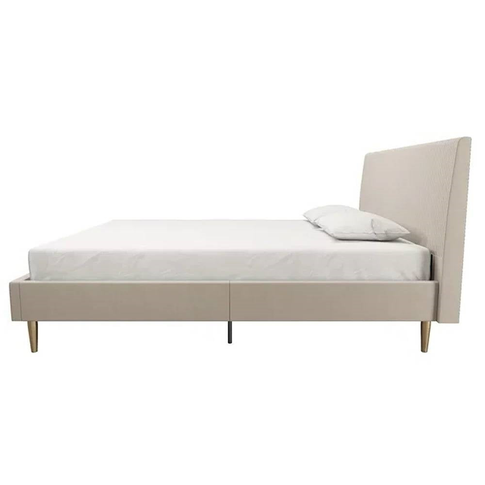Lit plateforme Queen capitonné en velours crème ivoire style milieu du siècle avec tête de lit
