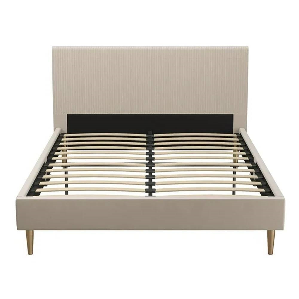 Lit plateforme Queen capitonné en velours crème ivoire style milieu du siècle avec tête de lit