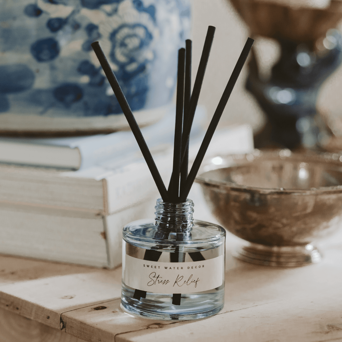 Diffusore a bastoncini in vaso di vetro azzurro antistress