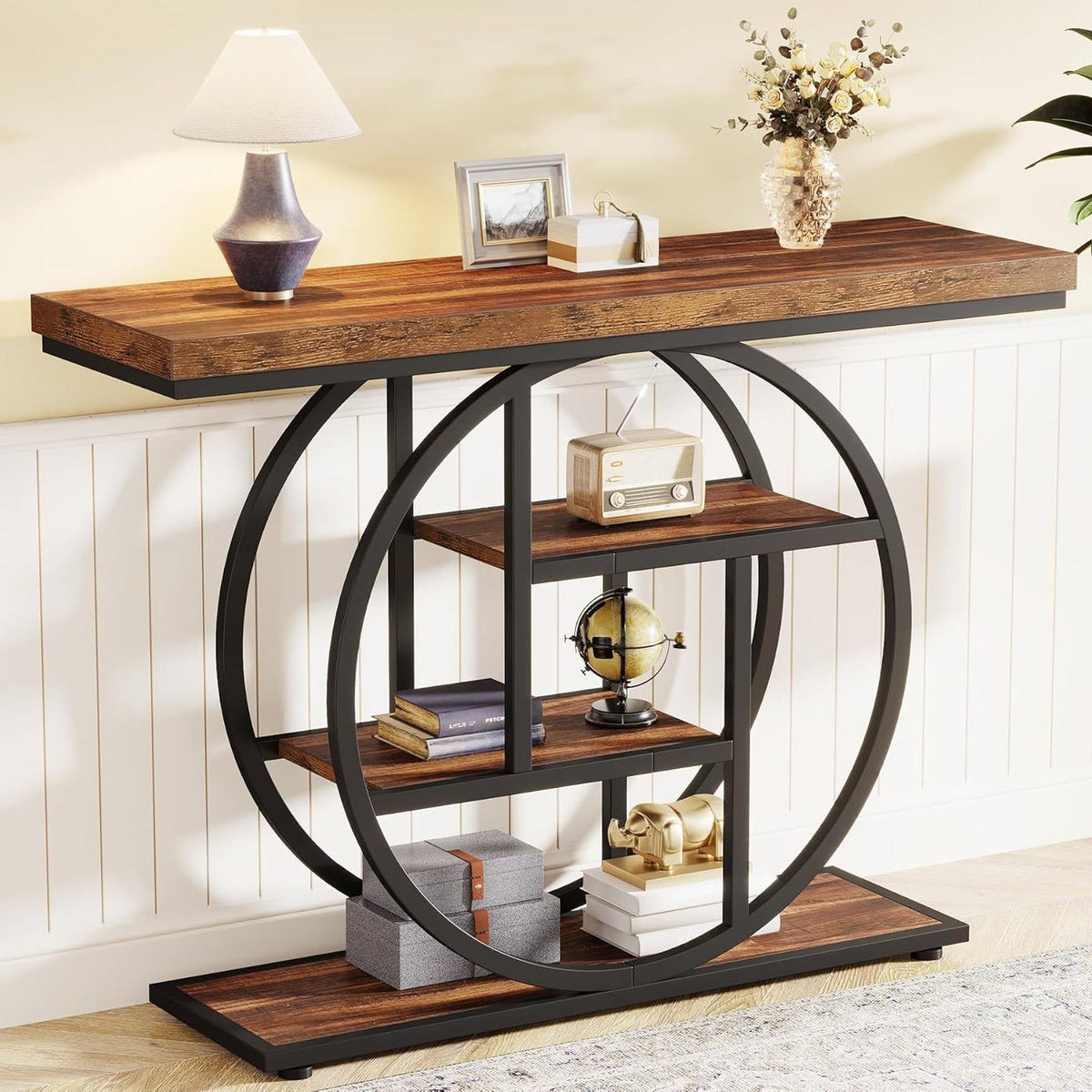 Console de table étroite moderne et industrielle de 41 pouces de long pour entrée de couloir avec étagères