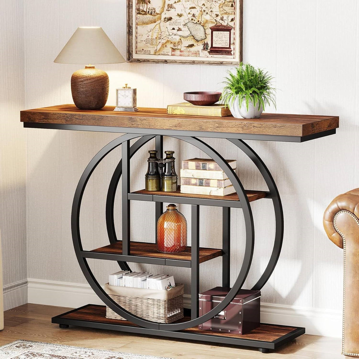 Console de table étroite moderne et industrielle de 41 pouces de long pour entrée de couloir avec étagères
