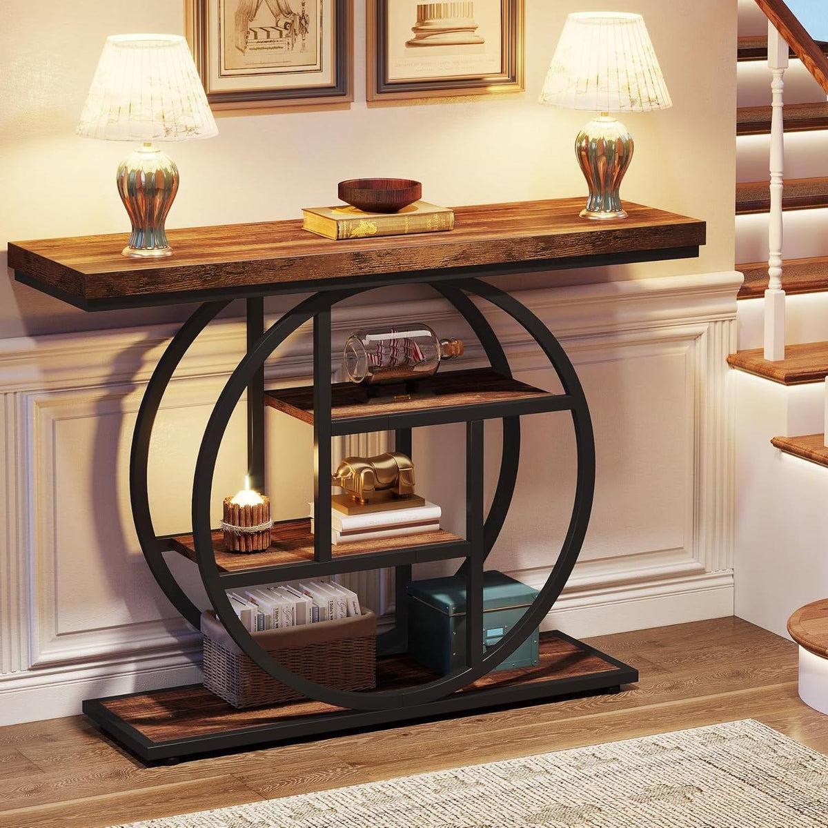 Console de table étroite moderne et industrielle de 41 pouces de long pour entrée de couloir avec étagères