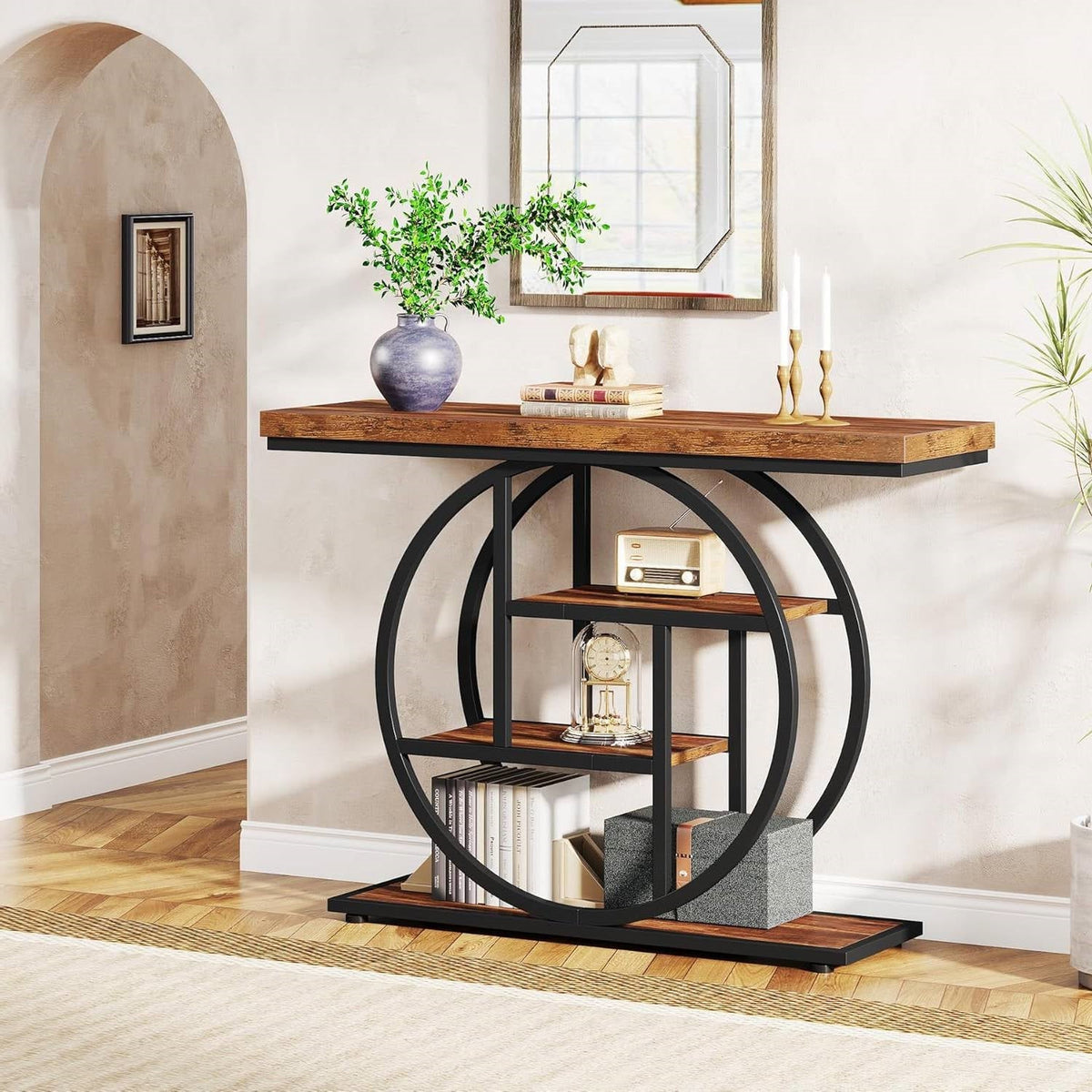Console de table étroite moderne et industrielle de 41 pouces de long pour entrée de couloir avec étagères