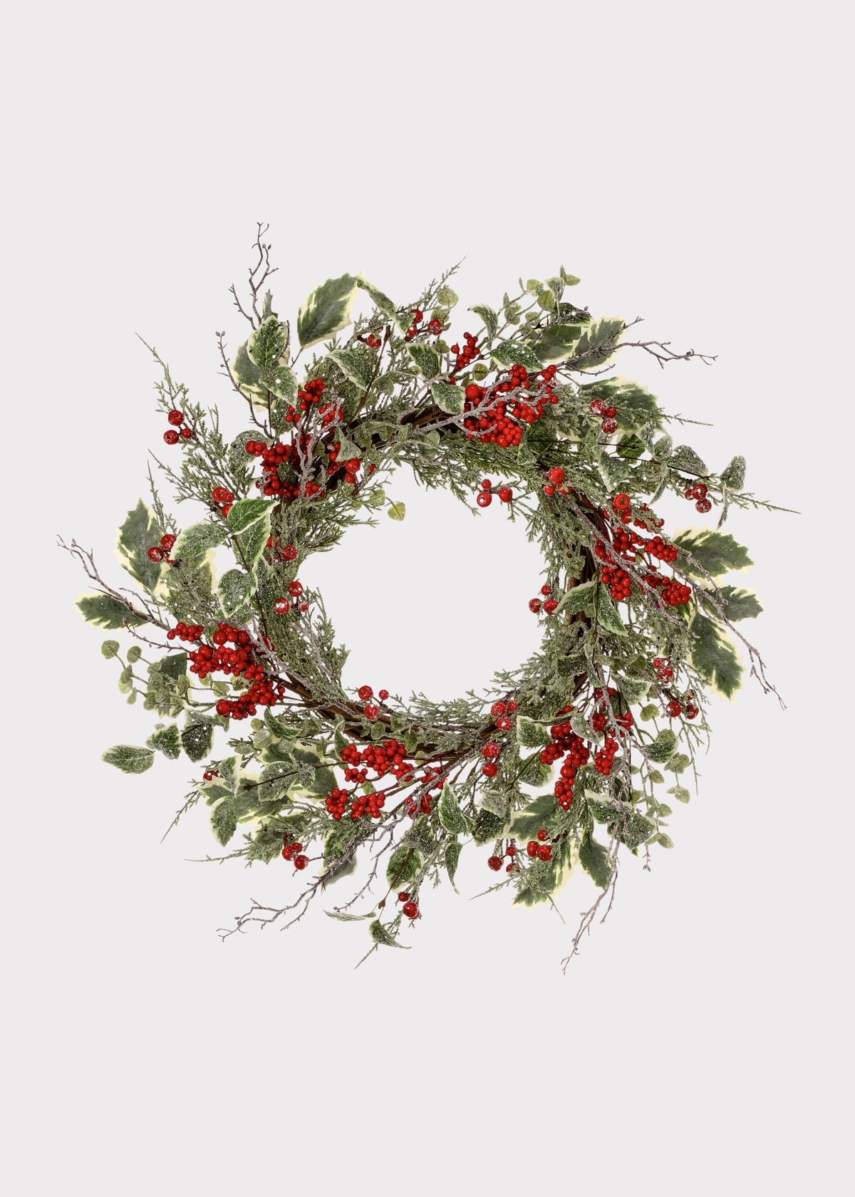 Winter Frost Holly and Red Berry Holiday Wreath 24 in