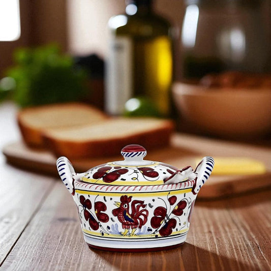 ORVIETO RED ROOSTER: Covered Parmesan Cheese Bowl with Spoon