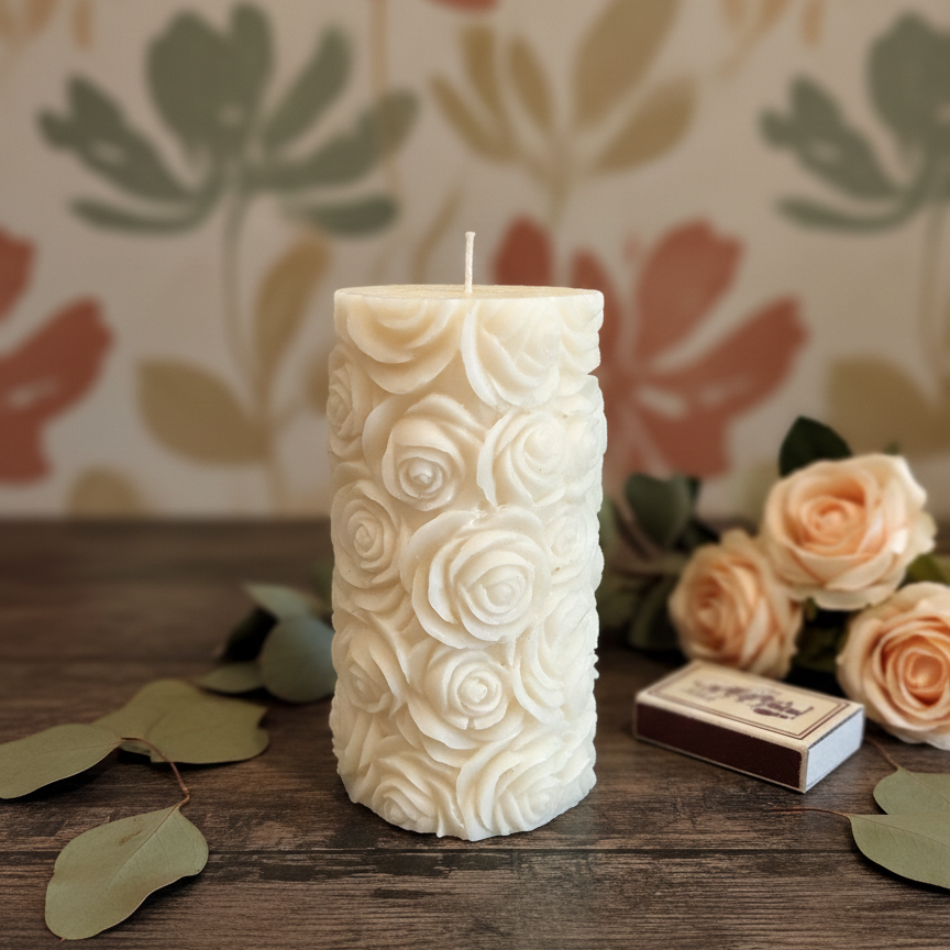 Bougie pilier rose botanique