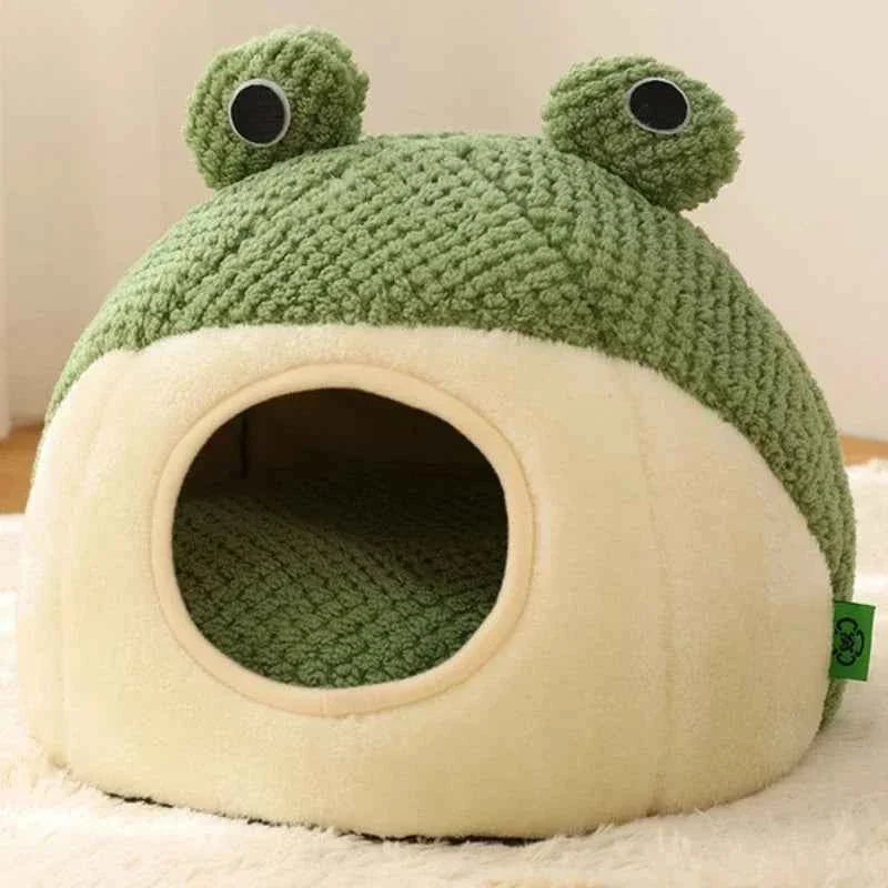 Kawaii Frog Shape Pet Nest β Winter Warm Plush Cat & Dog Villa (3 Styles, Anti-Slip, Removable Cushion)